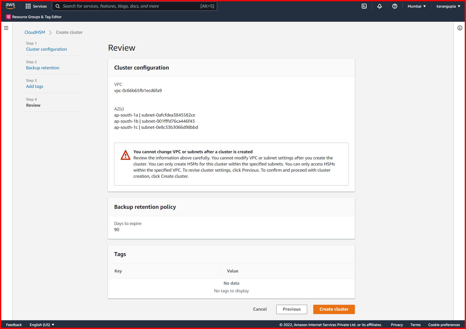Picture showing the review section of the create cluster screen
